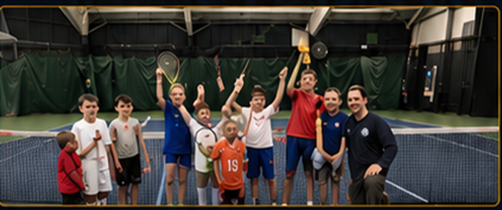 Indoor tennis celebration with young players